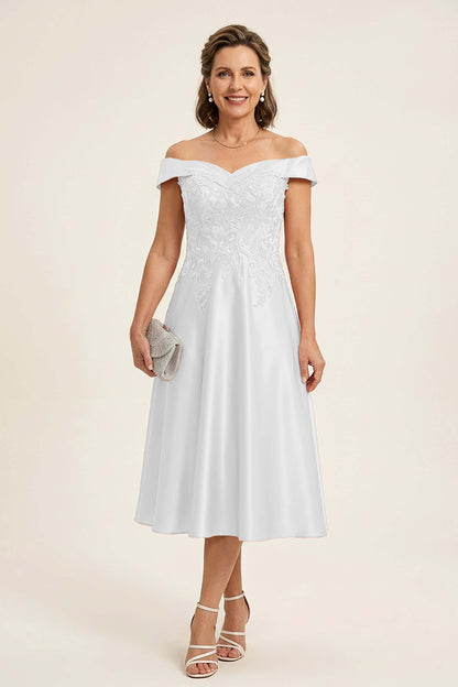 Peach Pink Off Shoulder Imitation Stretch Satin Tea-Length Mother Dresses