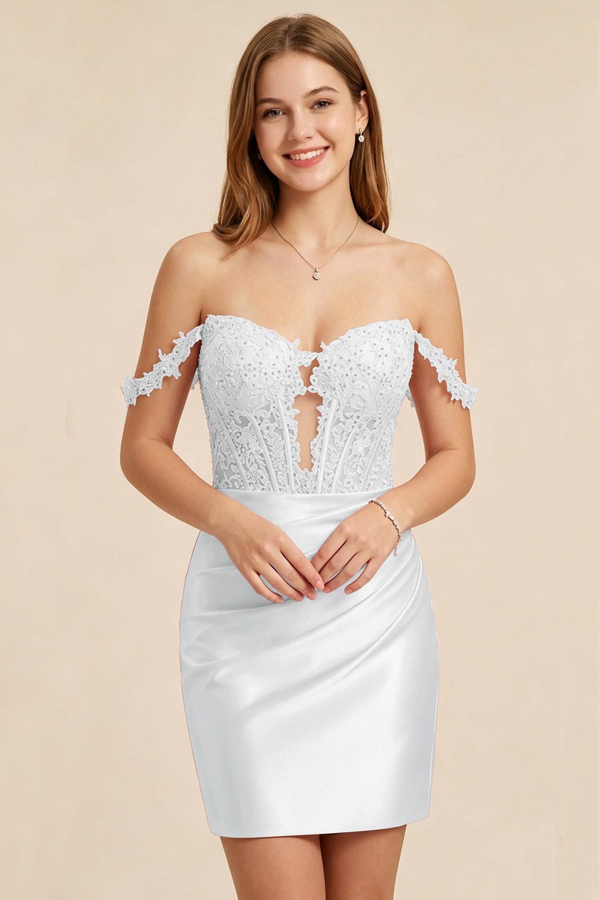 Light Pink Lace Illusion Corset Stretch Satin Mini Homecoming Dresses
