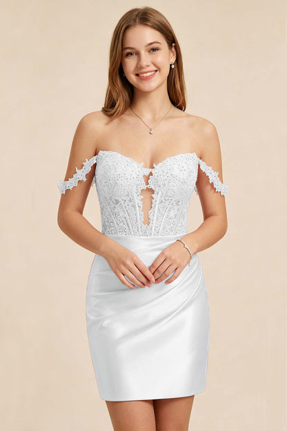 Light Pink Lace Illusion Corset Stretch Satin Mini Homecoming Dresses