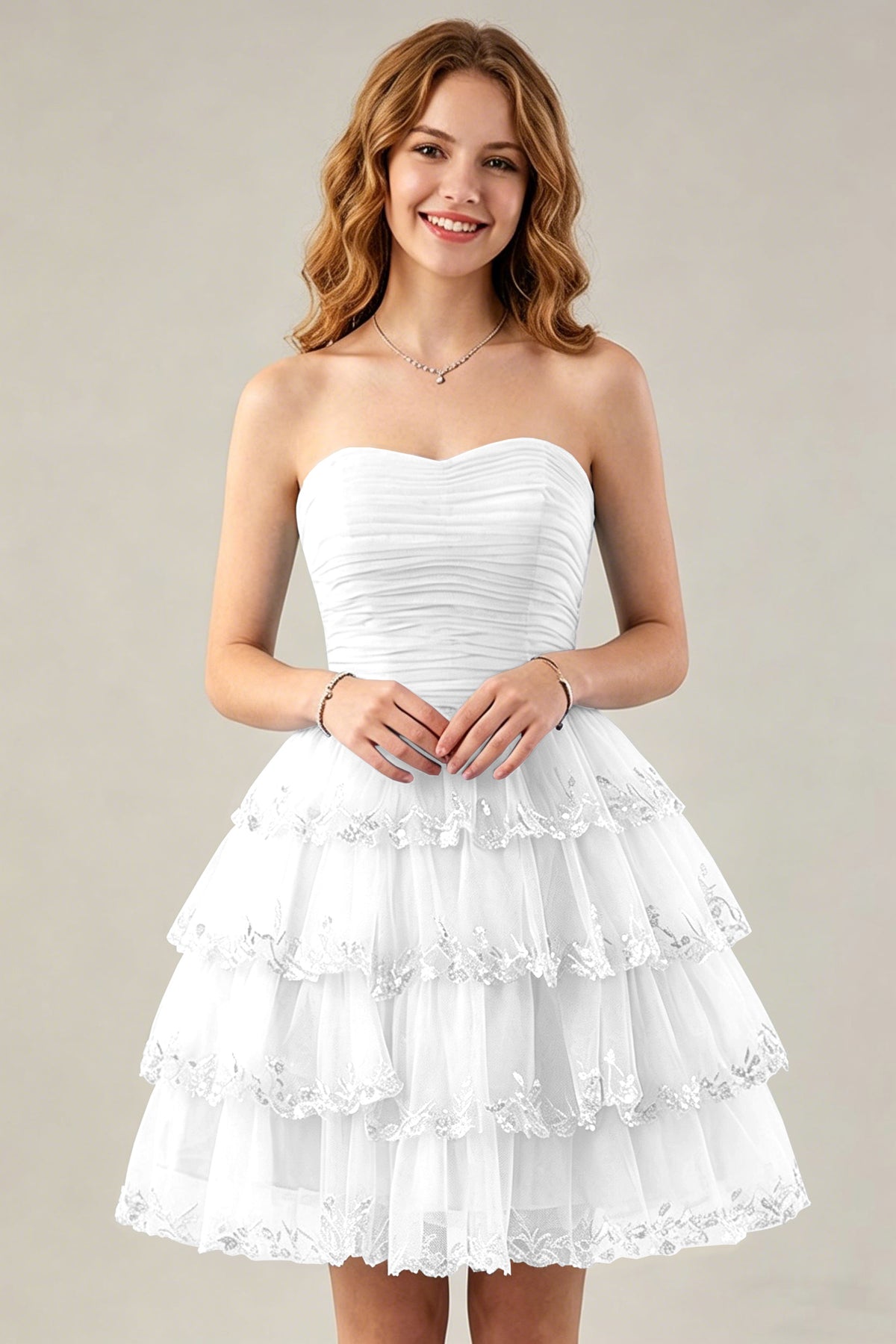 Strapless Light Blue Tulle Tiered Homecoming Dresses with Beaded Lace Trim