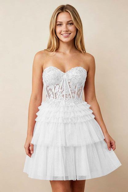 Strapless Misty Rose Lace Illusion Corset Glitter Tulle Homecoming Dresses
