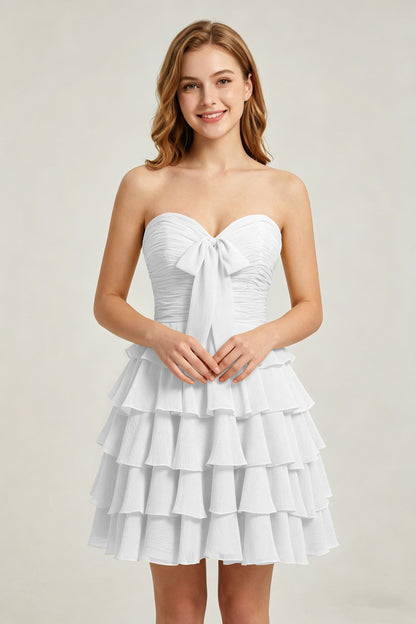 Strapless Yellow Chiffon Tiered Short Homecoming Dresses with Bow