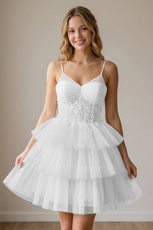 White Corset Tulle Short Homecoming Dresses With Tiered Ruffle
