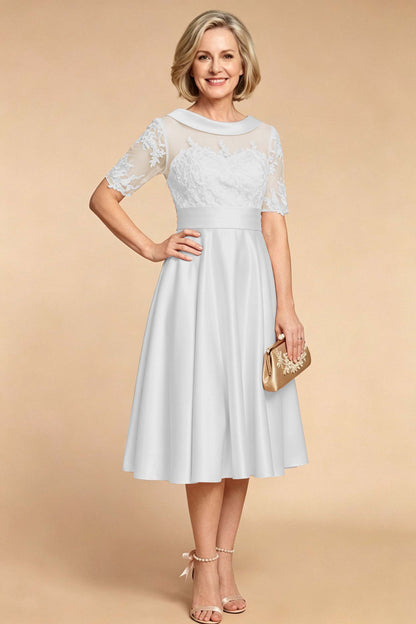 Champagne Imitation Stretch Satin Elbow Sleeve Tea-Length Mother Dresses