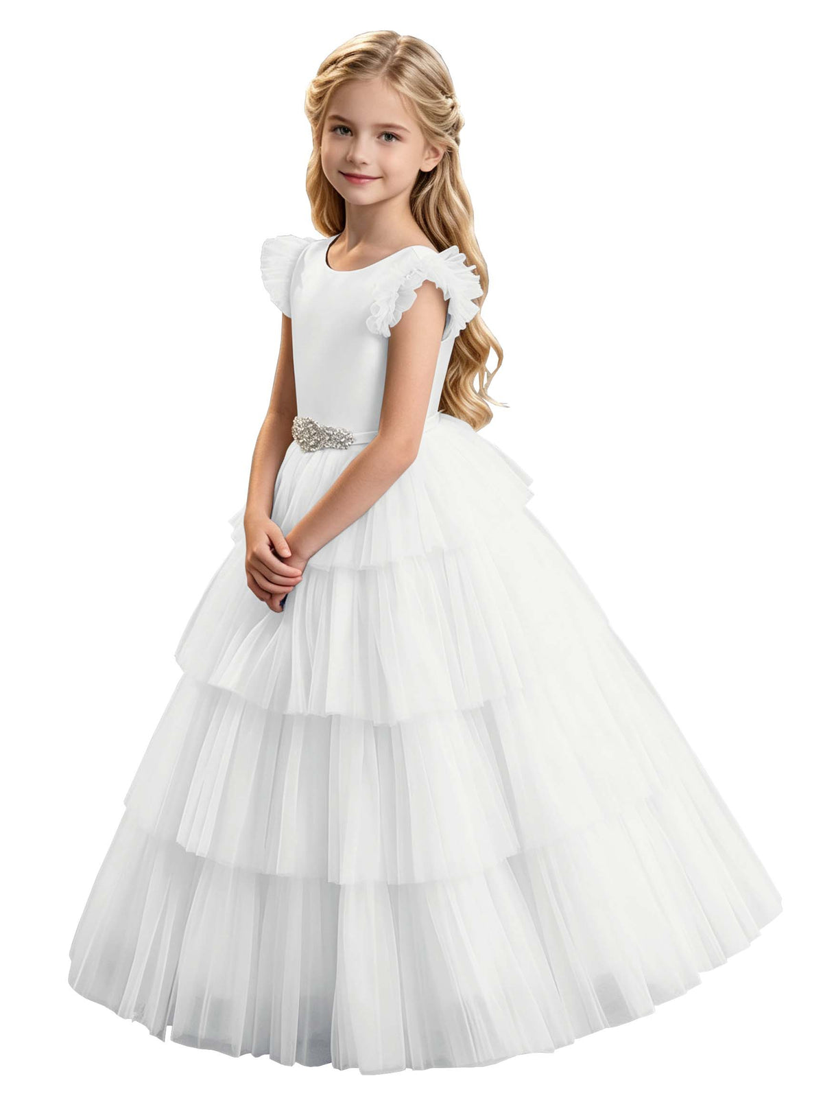 Sky Blue Tiered Tulle Flower Girl Dress with Rhinestone Belt & V-Back
