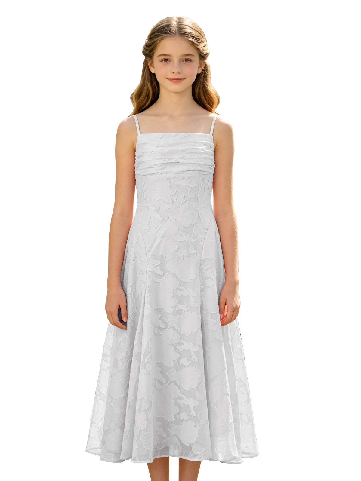 Elegant Pink Floral Jacquard A-Line Flower Girl Dress with Spaghetti Straps