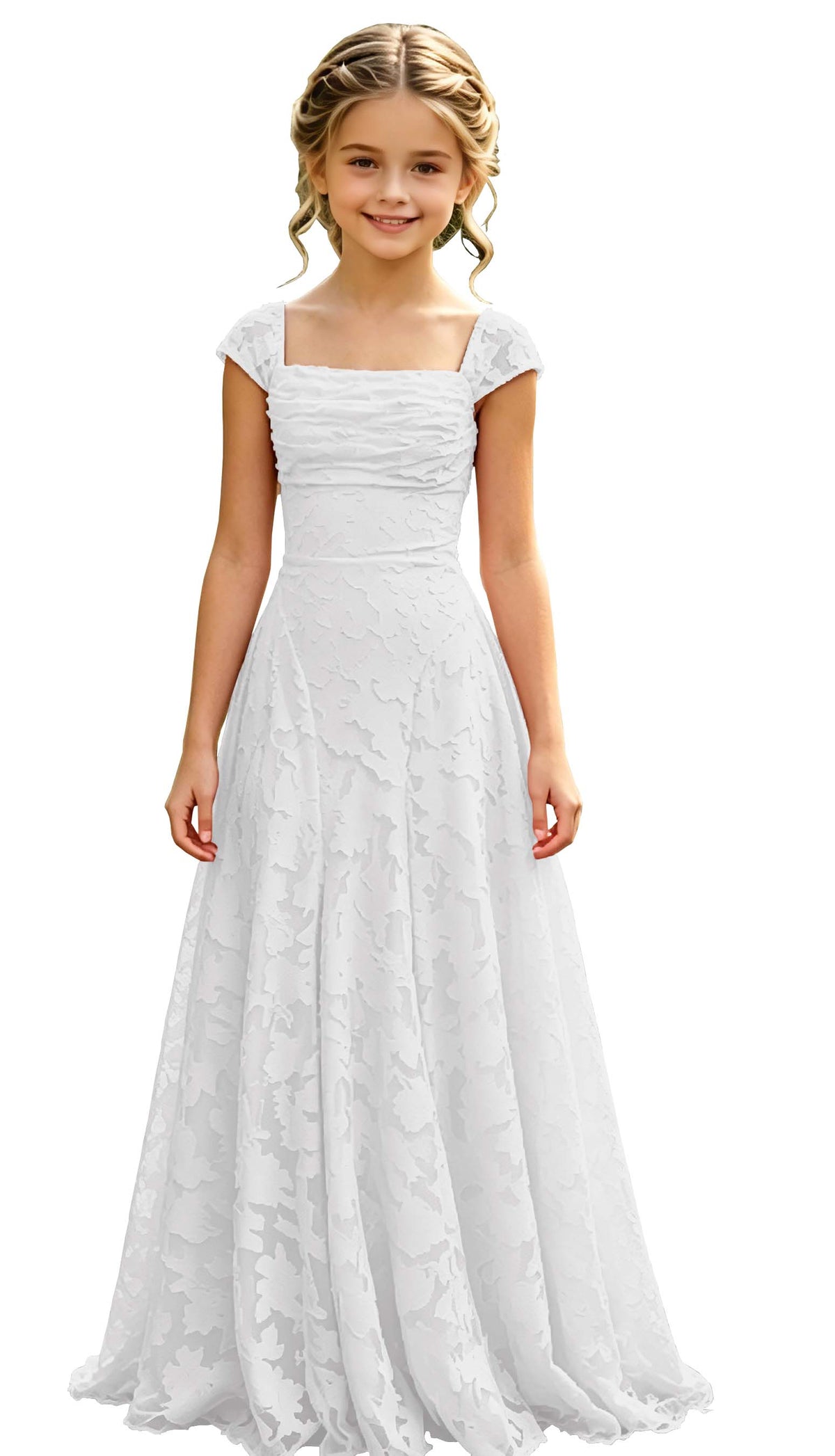 Elegance Blush Pink Lace Cap Sleeve A-Line Flower Girl Dress with Lace-Up Back