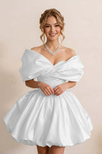 Ivory Off-the-Shoulder Bubble Hem Satin Homecoming Dresses