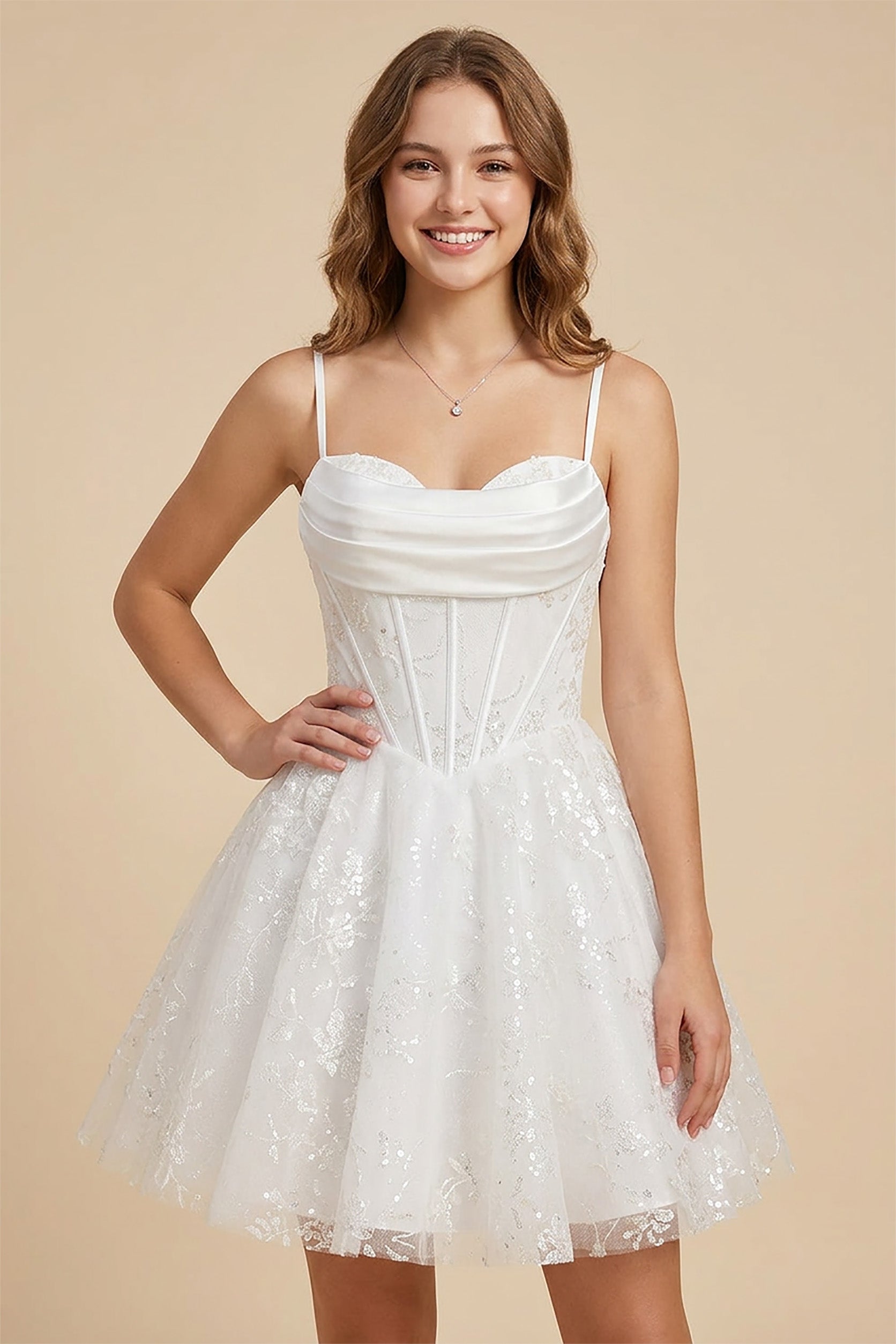 White Cowl Neck Sequin Satin Corset Homecoming Dresses