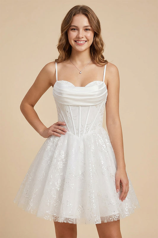 White Cowl Neck Sequin Satin Corset Homecoming Dresses
