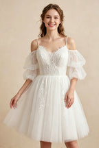White Off the Shoulder Sweetheart V-Neck Tulle Homecoming Dresses