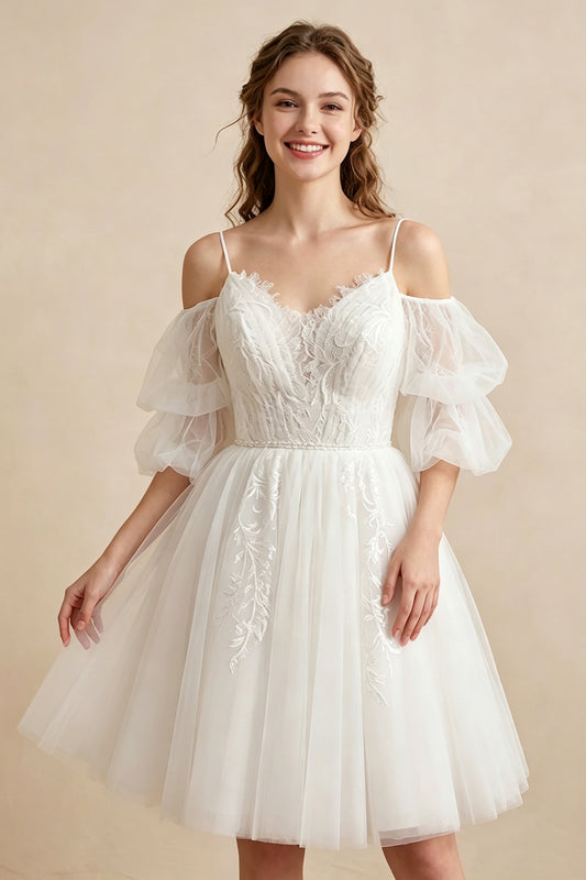 White Off the Shoulder Sweetheart V-Neck Tulle Homecoming Dresses