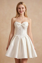 White Strapless Satin Corset Short Homecoming Dresses with Bow