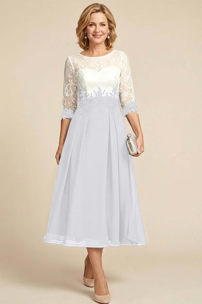 Navy Blue 3/4 Sleeve Two-Tone Lace Chiffon Mother Dresses