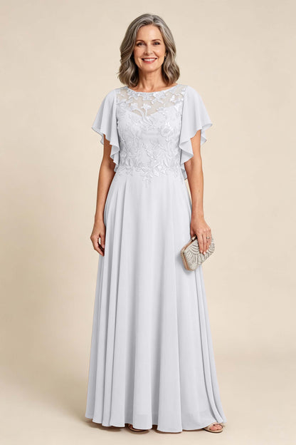Lilac Scoop Neck Flutter Sleeve Lace Appliques Chiffon Mother Dresses