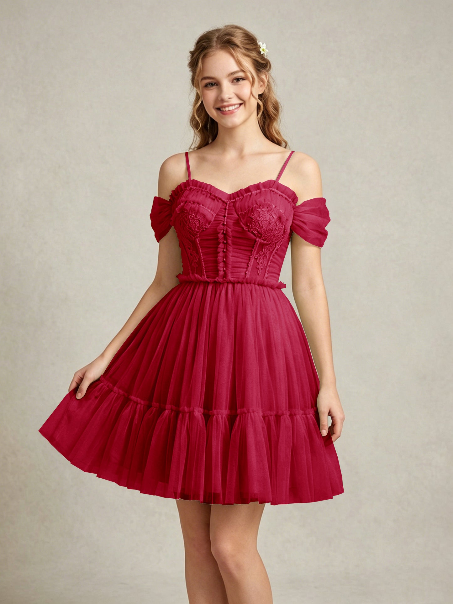 Cold Shoulder Lilac Tulle Dresses with Corset Bodice and Lace Appliques