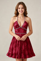 Crystal Halter Neck Blush Pink Floral Chiffon Mini Homecoming Dresses