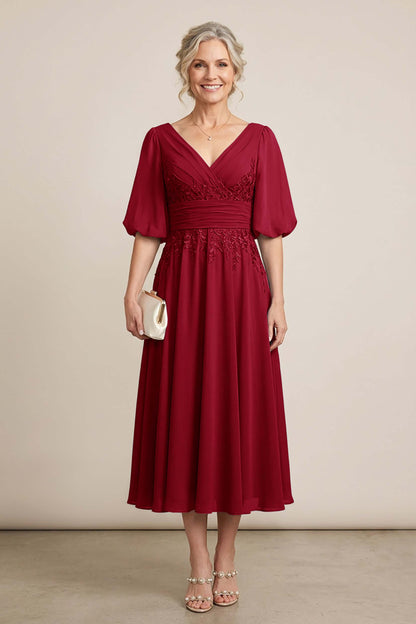 Dusty Blue V-Neck Lace Chiffon Tea-Length Mother Dresses