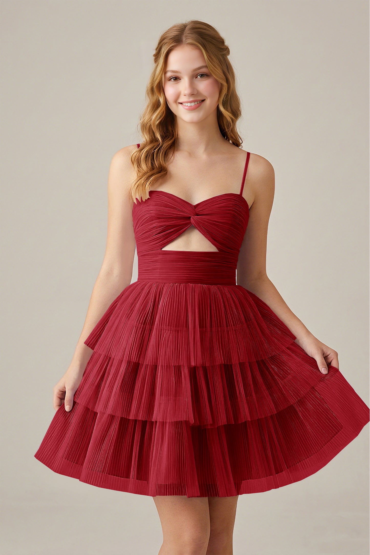 Olive Green Sleeveless Pleated Tulle Cutout Tiered Homecoming Dresses