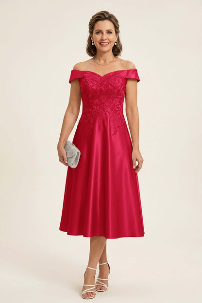 Peach Pink Off Shoulder Imitation Stretch Satin Tea-Length Mother Dresses