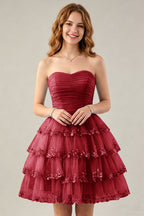 Strapless Light Blue Tulle Tiered Homecoming Dresses with Beaded Lace Trim