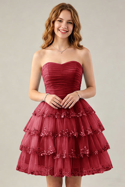 Strapless Light Blue Tulle Tiered Homecoming Dresses with Beaded Lace Trim