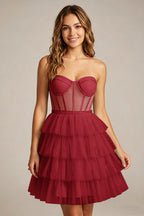 Strapless Mint Green Tulle Tiered Homecoming Dresses With Illusion Corset