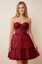 Strapless Misty Rose Lace Illusion Corset Glitter Tulle Homecoming Dresses