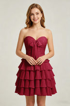 Strapless Yellow Chiffon Tiered Short Homecoming Dresses with Bow