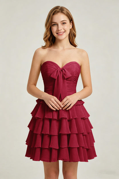 Strapless Yellow Chiffon Tiered Short Homecoming Dresses with Bow