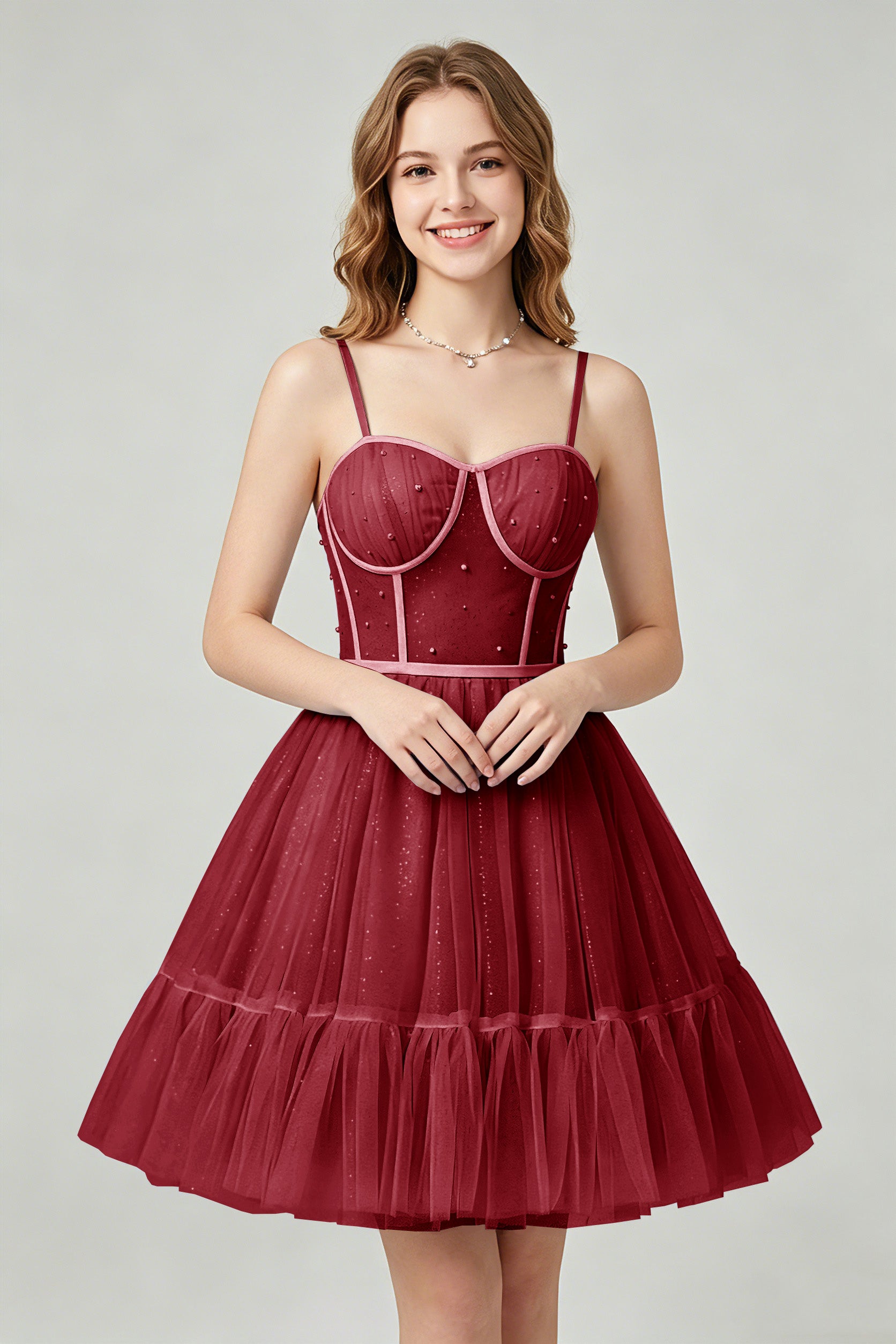 Sweetheart Neckline Brown Tulle Corset Homecoming Dresses with Pearl Accents