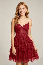 Sweetheart V-Neck Black Lace appliques Homecoming Dresses with Sequins