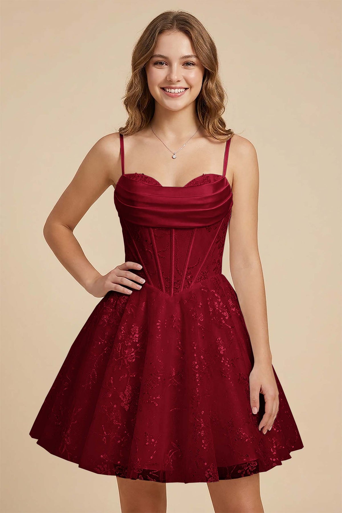 White Cowl Neck Sequin Satin Corset Homecoming Dresses