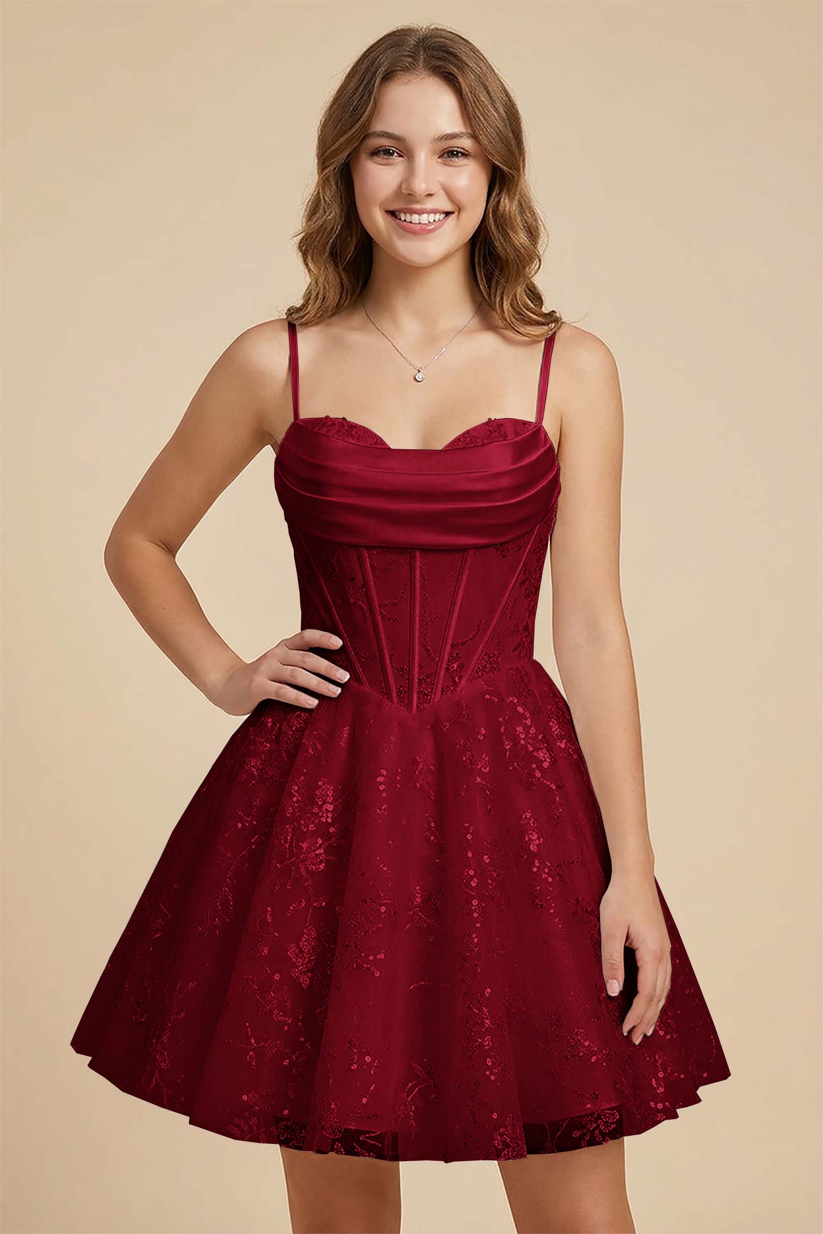 White Cowl Neck Sequin Satin Corset Homecoming Dresses