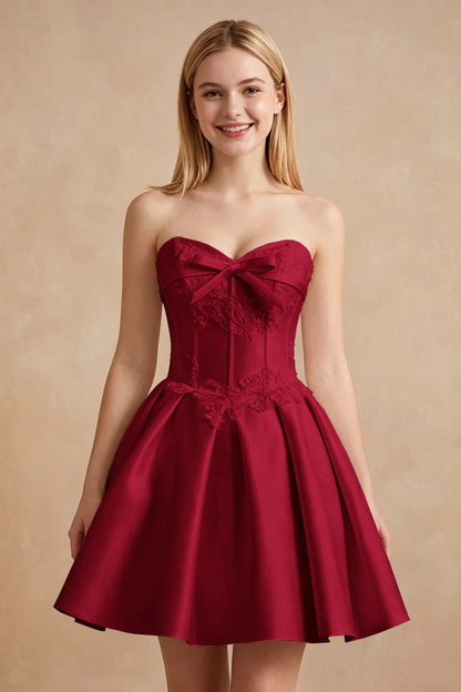 White Strapless Satin Corset Short Homecoming Dresses with Bow