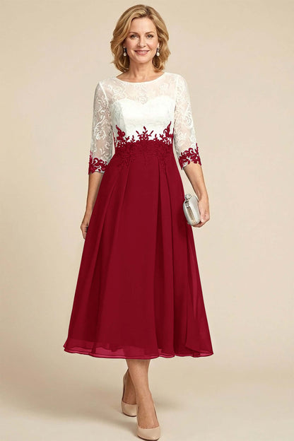 Navy Blue 3/4 Sleeve Two-Tone Lace Chiffon Mother Dresses