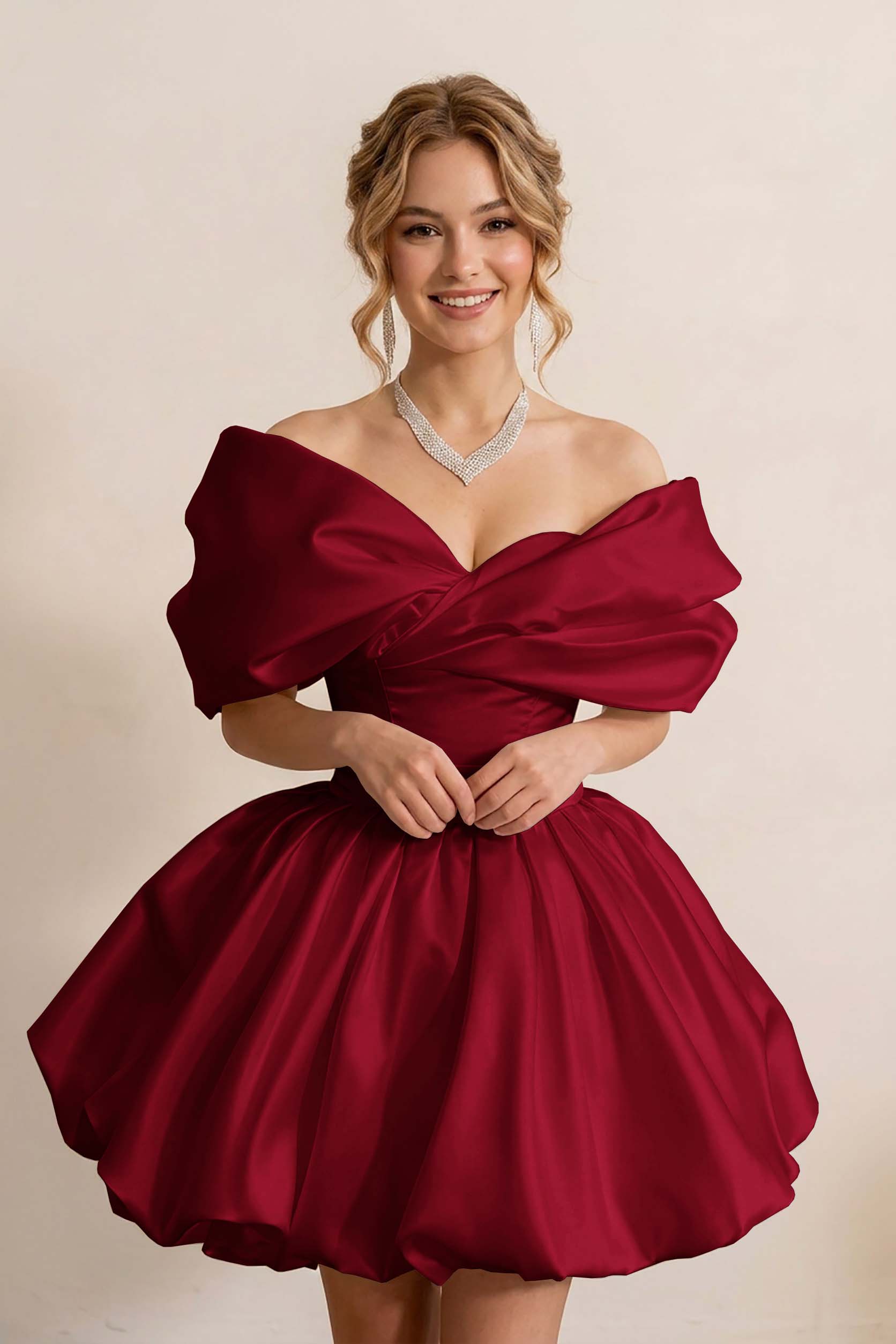 Ivory Off-the-Shoulder Bubble Hem Satin Homecoming Dresses