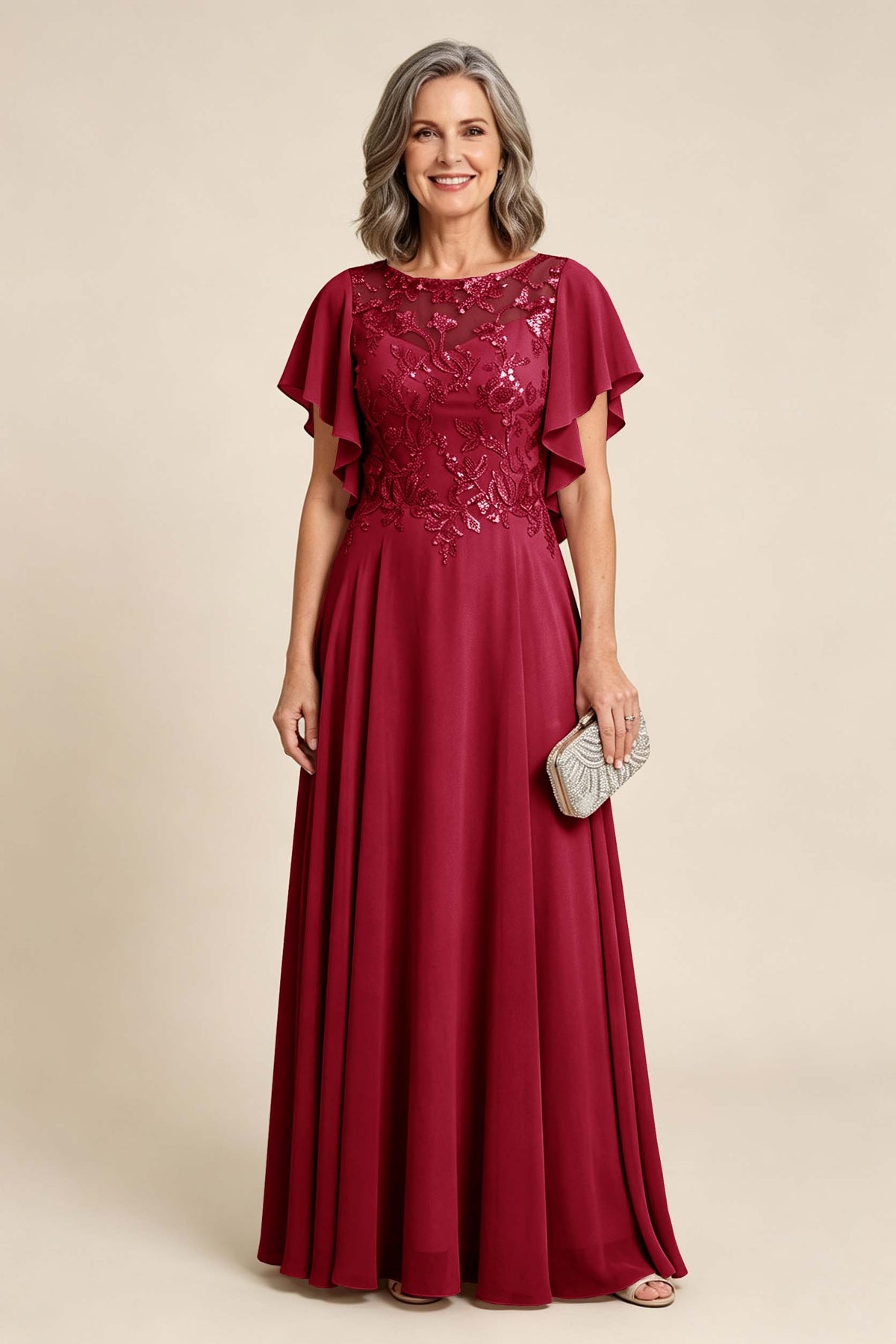 Lilac Scoop Neck Flutter Sleeve Lace Appliques Chiffon Mother Dresses