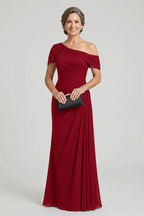 Black One-Shoulder Beaded Ruched Chiffon Mother Dresses