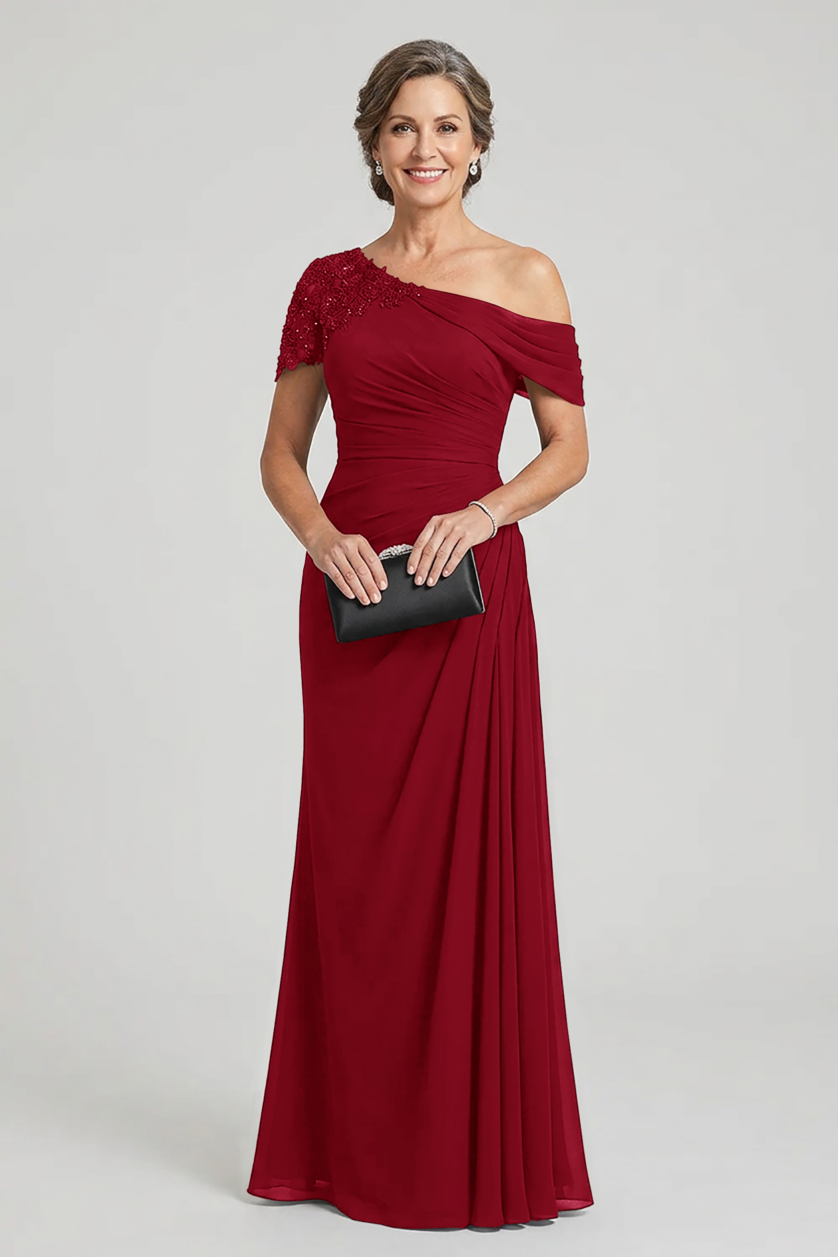 Black One-Shoulder Beaded Ruched Chiffon Mother Dresses