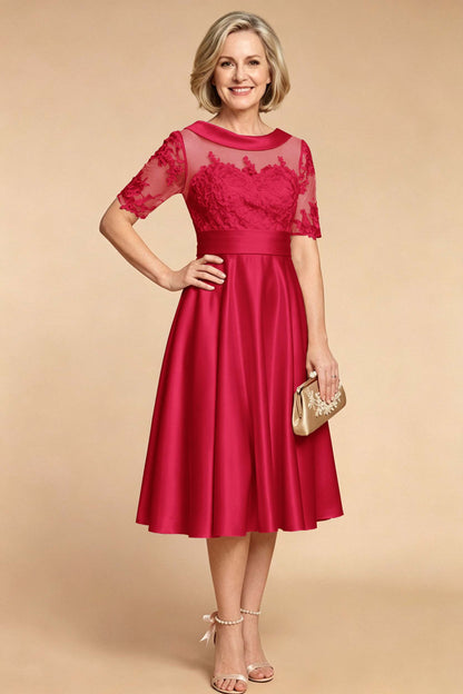 Champagne Imitation Stretch Satin Elbow Sleeve Tea-Length Mother Dresses
