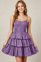 Spaghetti Straps Black Taffeta Tiered Mini Homecoming Dresses