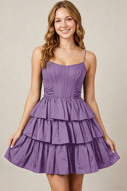 Spaghetti Straps Black Taffeta Tiered Mini Homecoming Dresses