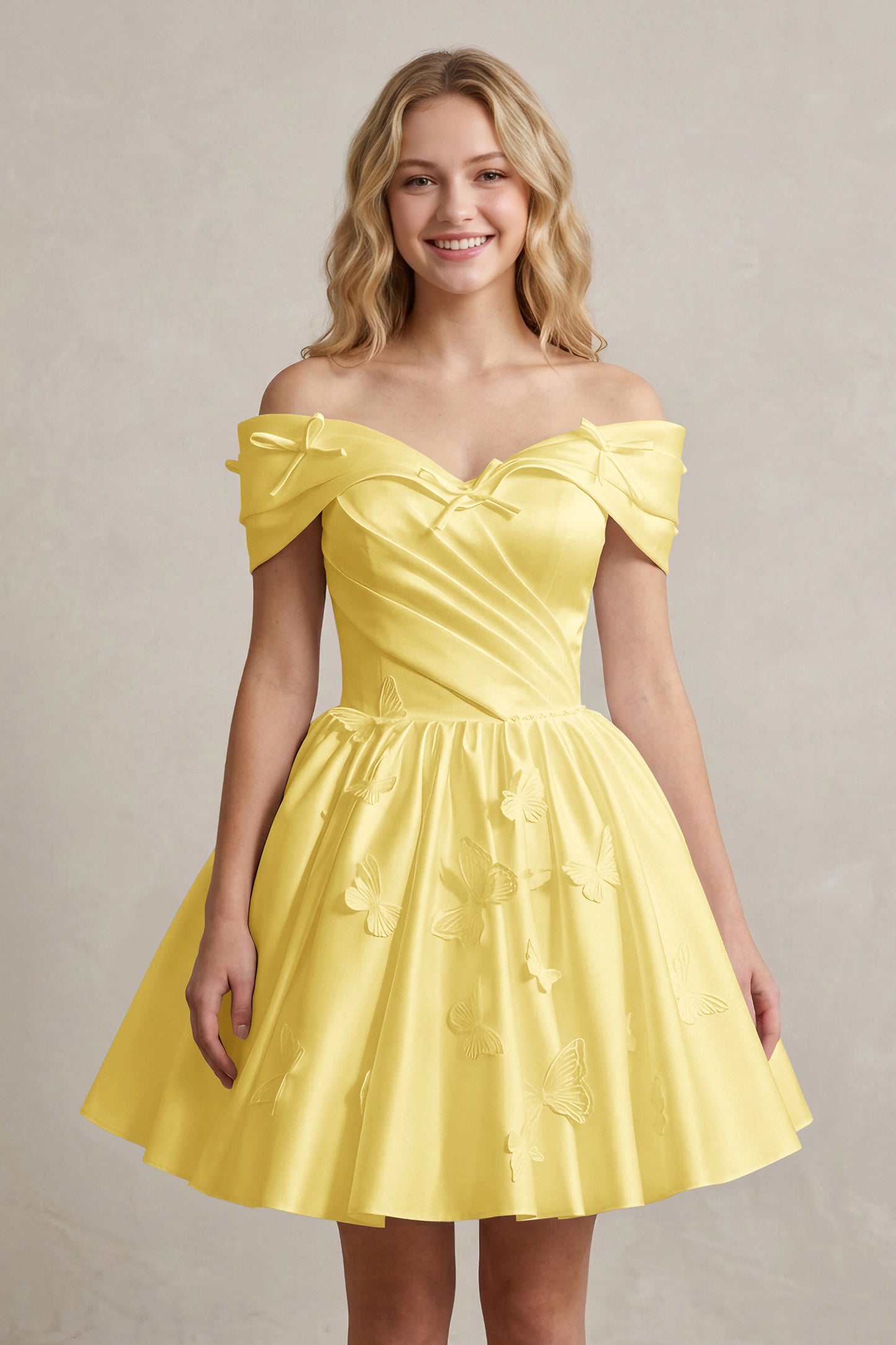A Line Off Shoulder Ivory Satin Short Homecoming Dresses