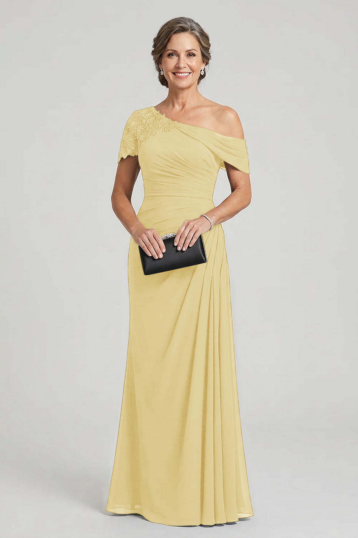 Black One-Shoulder Beaded Ruched Chiffon Mother Dresses