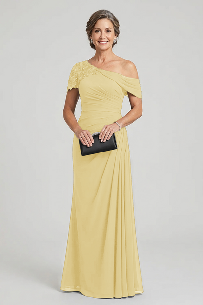 Black One-Shoulder Beaded Ruched Chiffon Mother Dresses