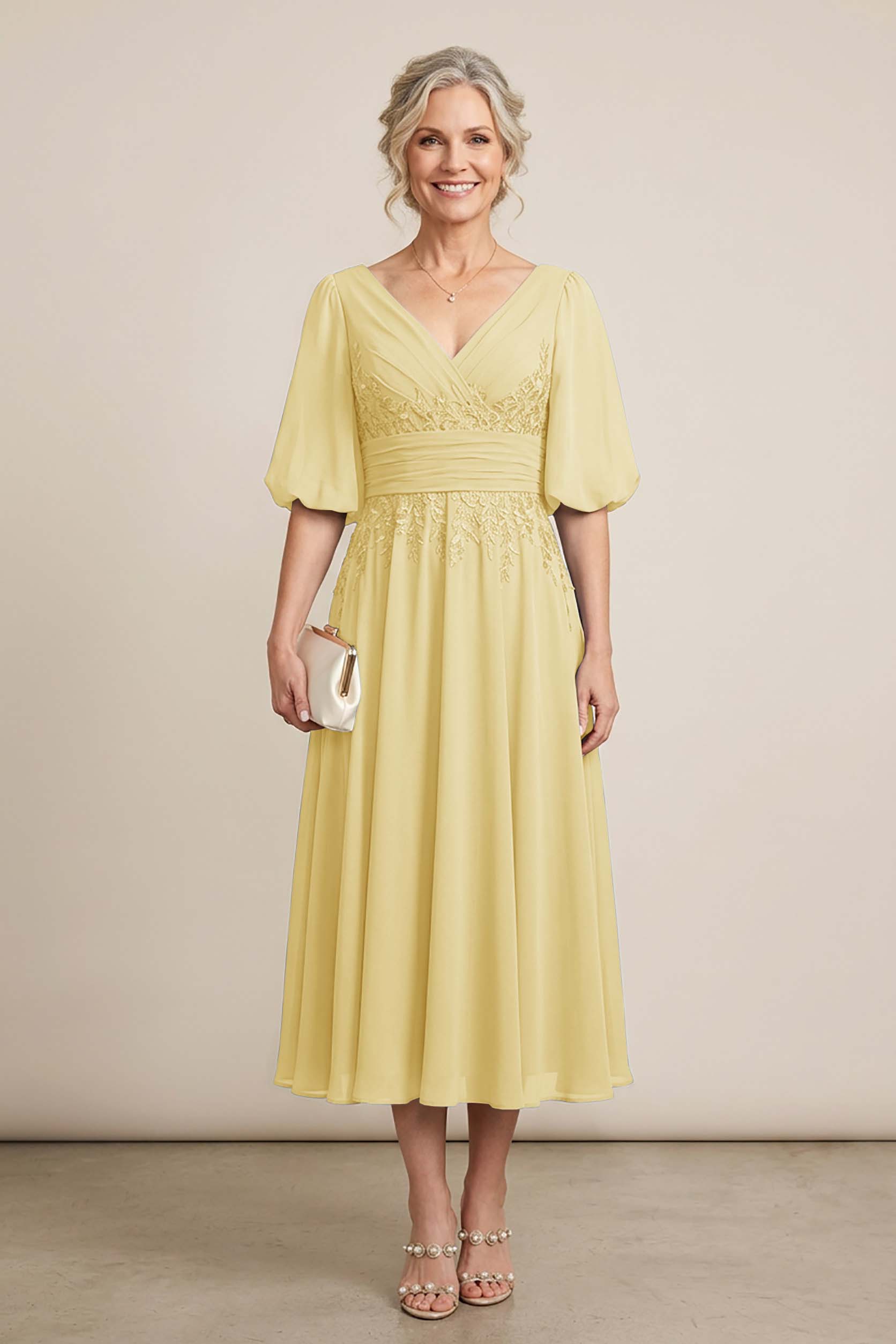 Dusty Blue V-Neck Lace Chiffon Tea-Length Mother Dresses