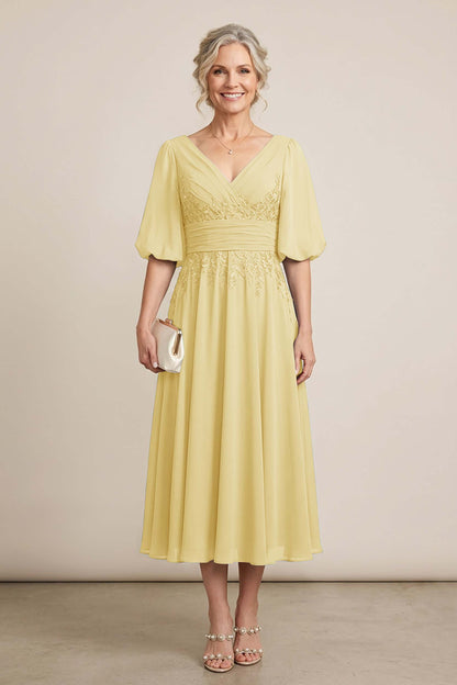 Dusty Blue V-Neck Lace Chiffon Tea-Length Mother Dresses