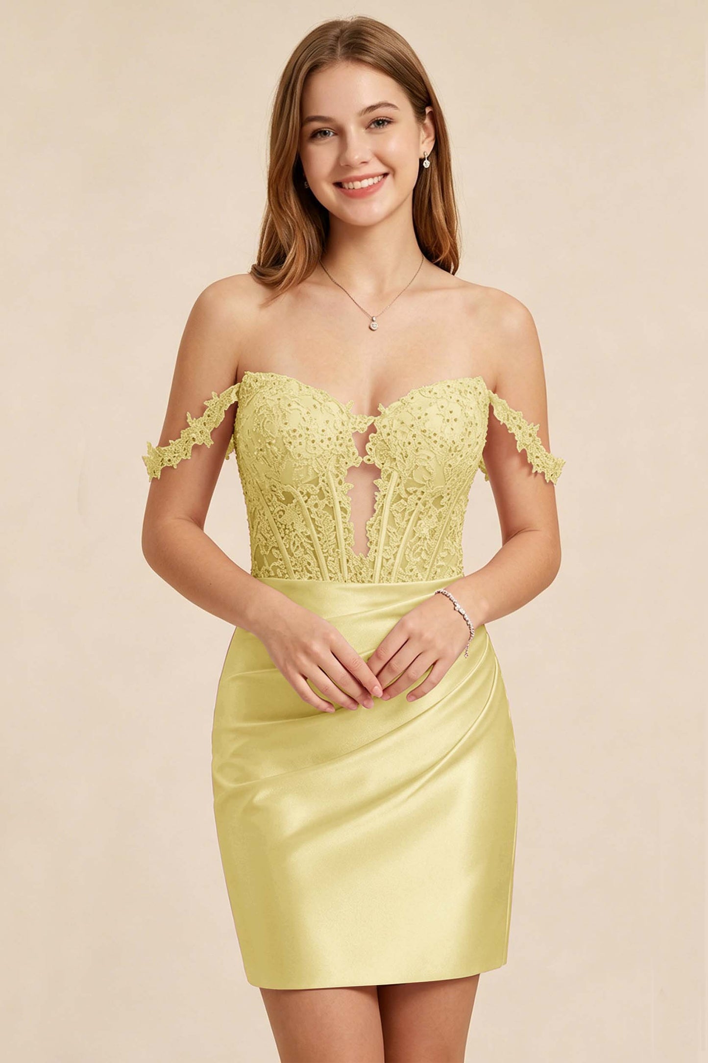 Light Pink Lace Illusion Corset Stretch Satin Mini Homecoming Dresses