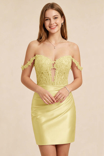 Light Pink Lace Illusion Corset Stretch Satin Mini Homecoming Dresses